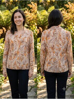 Vintage Prestige of Boston Earthy Leaf Print Blouse Retro 70s Dagger Collar